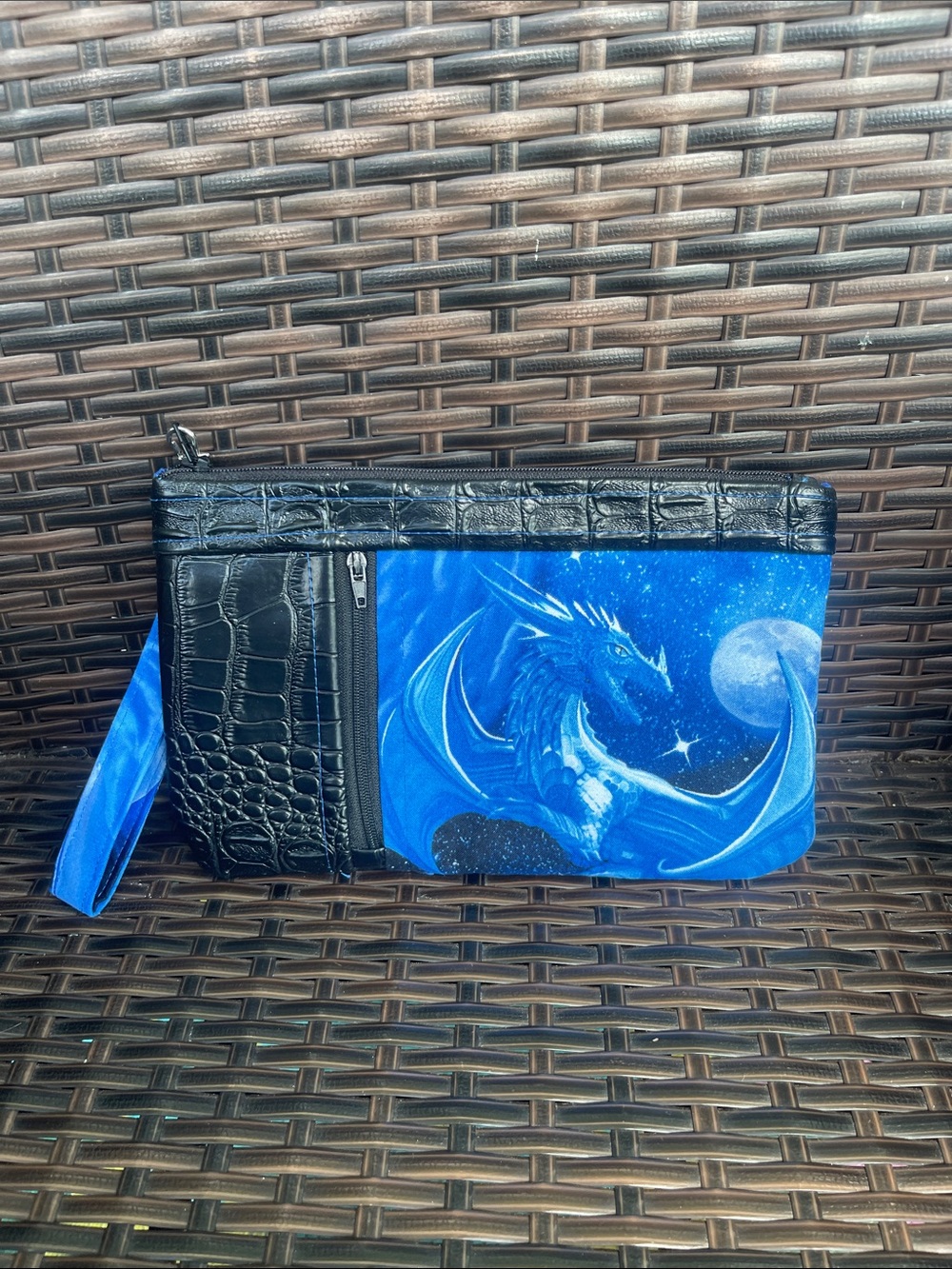 Blue Dragon Print Wristlet Clutch with Black Trim